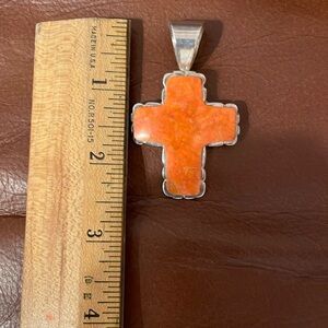 Jay King beautiful orange coral cross, set in  silver with x large bail.